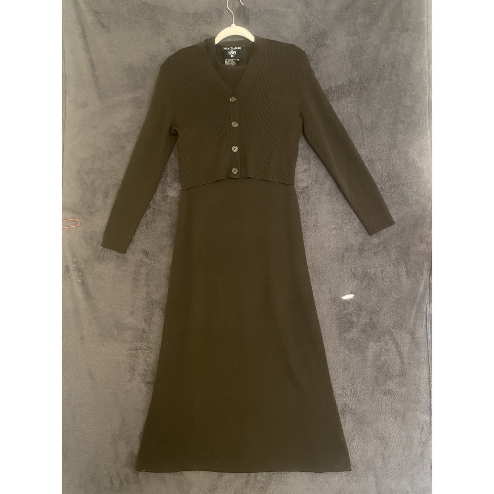 Nina Charles for Kasper 2pc Dress and cardigan Womens XS Brown Wool Blend Long